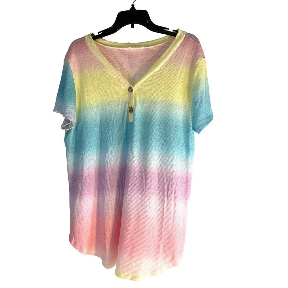 BomBom Womens Tee Top Rainbow Colors V-Neck Pullover Decorative Buttons Size XL